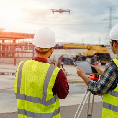 Drone operated by construction worker on building site,flying with drone.